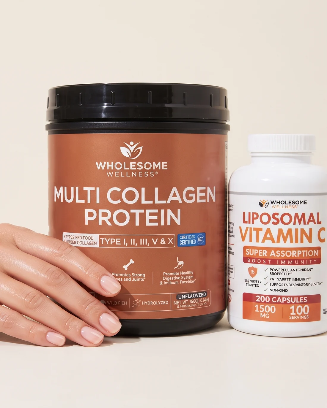 A hand resting beside the Multi Collagen Protein tub and the Liposomal Vitamin C bottle