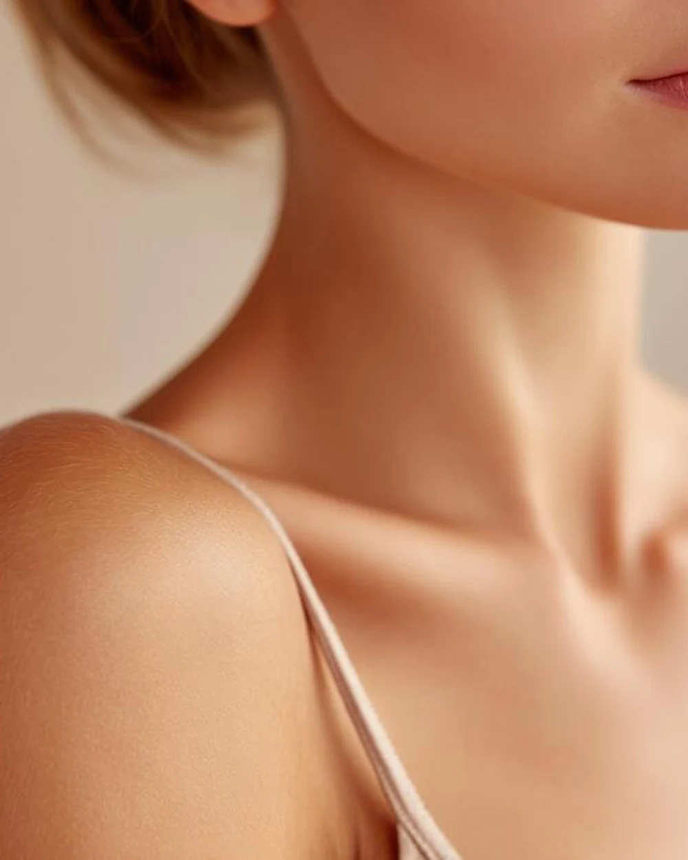 Close-up of a woman’s shoulder, neck and collarbone