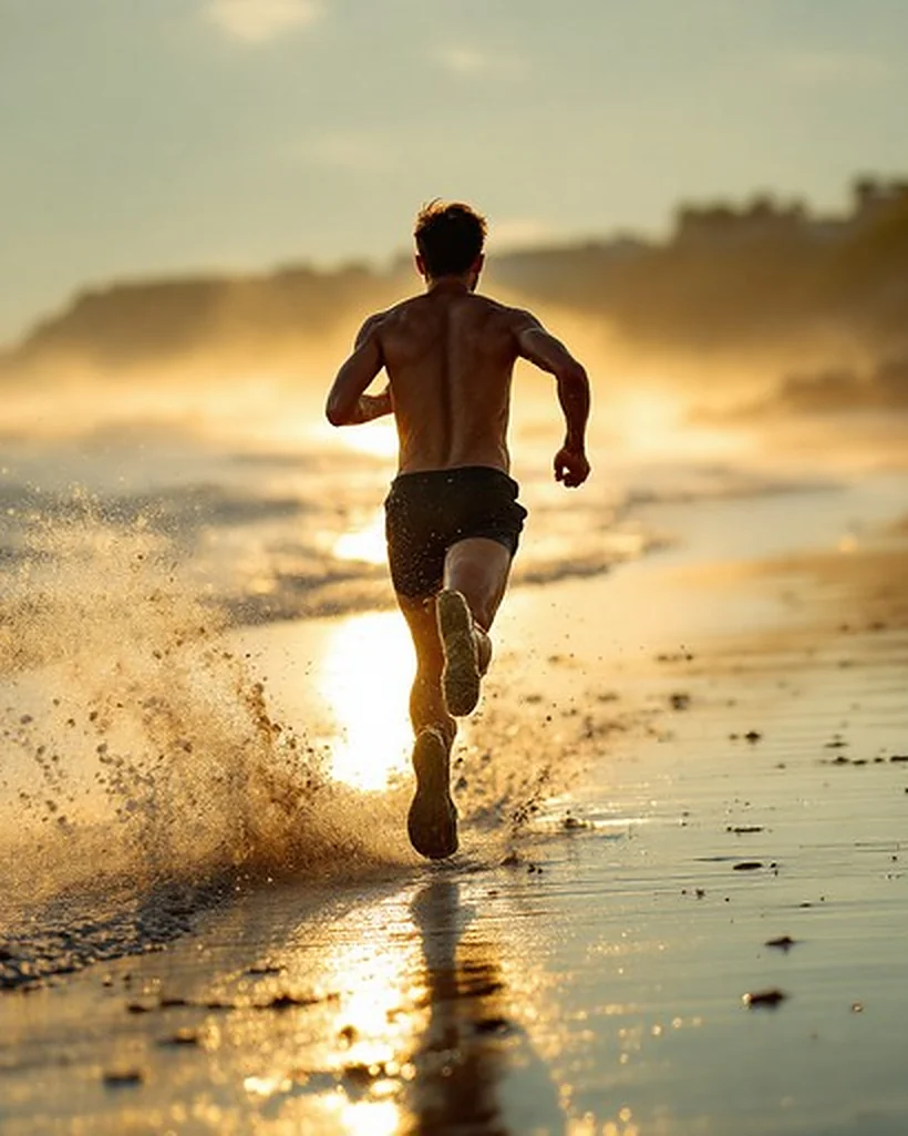 A runner on a beach at sunrise