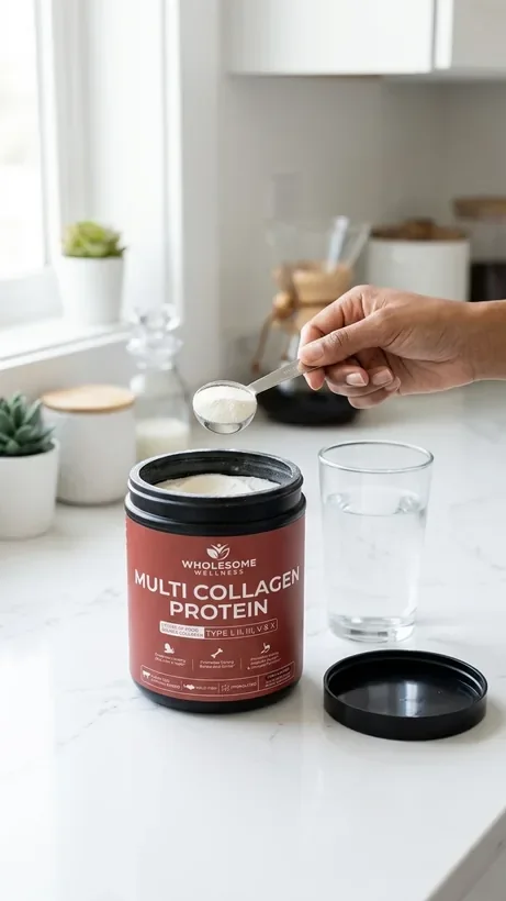 A scoop of Multi Collagen Protein being stirred into a glass